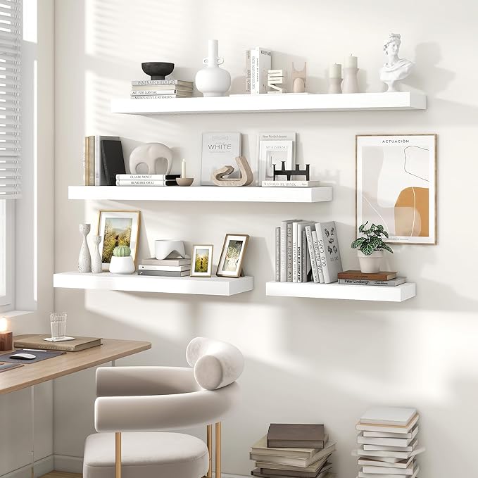 Heimlove 55 Inch Floating Shelves for Wall,10 Deep 10 Deep Large White Wall Shelf with Heavy Duty Brackets,Mounted Storage & Display Shelves for Bedroom,Living Room,Kitchen,Office,Set of 2-Ruum Studio Home