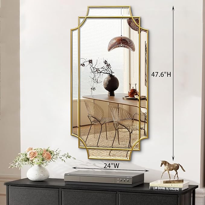 Wall Mirror Full Length, 47" x 24" Gold Framed Full Body Mirror, Scalloped Beveled Polished Decorative Mirrors, Large Rectangle Irregular Wall Mirror for Bathroom/Bedroom/Living Room/Entryway-Ruum Studio Home
