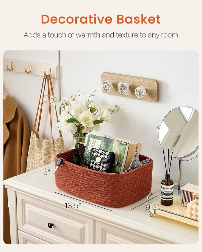 KALLAX Small Woven Basket, 13.5 x 9.5 x 5 Inches, Storage Basket for Organizing, Cute Small Rope Shelf Closet Cube Storage Bins Baskets for Shelves, Dog Toy Gift Baskets Empty, 3 Pack Rust Red-Ruum Studio Home