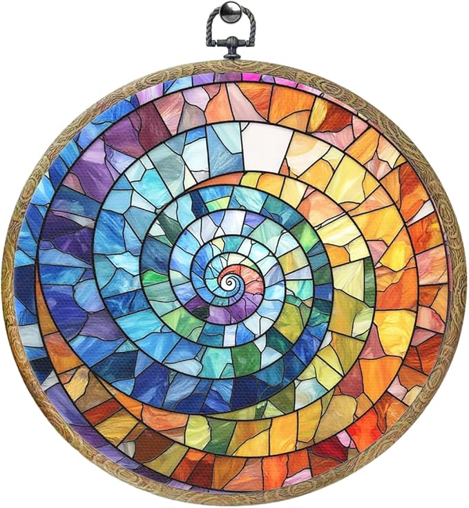 Colorful Boho Rainbow Geometric Spiral Sun Art Gift Framed Round Wall Decor Canvas Wall Art Hanging Prints Artwork for Home Office Porch Nursery Bedroom Living Room Decorations 10.2X10.2 Inch-Ruum Studio Home