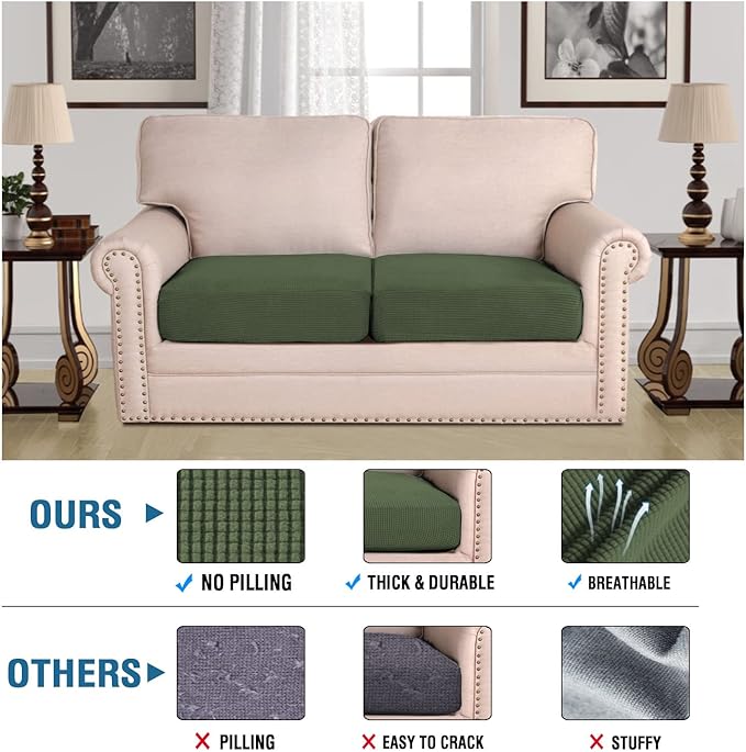 H.VERSAILTEX Super Stretch Individual Seat Cushion Covers Sofa Covers Couch Cushion Covers Slipcover Sets Thick Jacquard Textured Twill Fabric (2 Piece Medium Sofa Cushion Covers, Bronze Green)-Ruum Studio Home