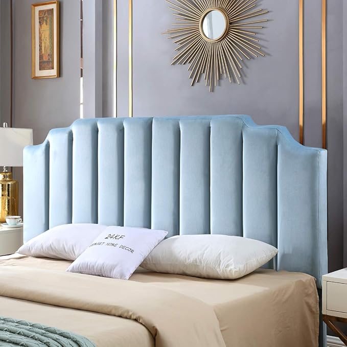 24KF Seaglass Velvet Tufted King Upholstered Headboard, Modern Vertical Channel Design California King Headboard with Stepped Silhouette Top Edge, Seaglass-Ruum Studio Home