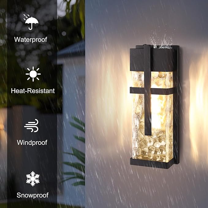 Hammered Glass Outdoor Wall Lantern, Dusk to Dawn Wall Sconce Lighting, 2 Pack Outdoor Light Fixtures, Exterior Porch Light with Waterproof, Modern Wall Lamp for Garage, Doorway, Patio(Bulb Included)-Ruum Studio Home