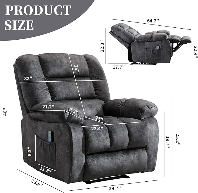 Massage Recliner Chair with Heat and Massage, Soft Fabric Ergonomic Manual Reclining Chairs, Heavy Duty Reclining Sofa Chair with Side Pockets for Living Room (D-Grey)-Ruum Studio Home