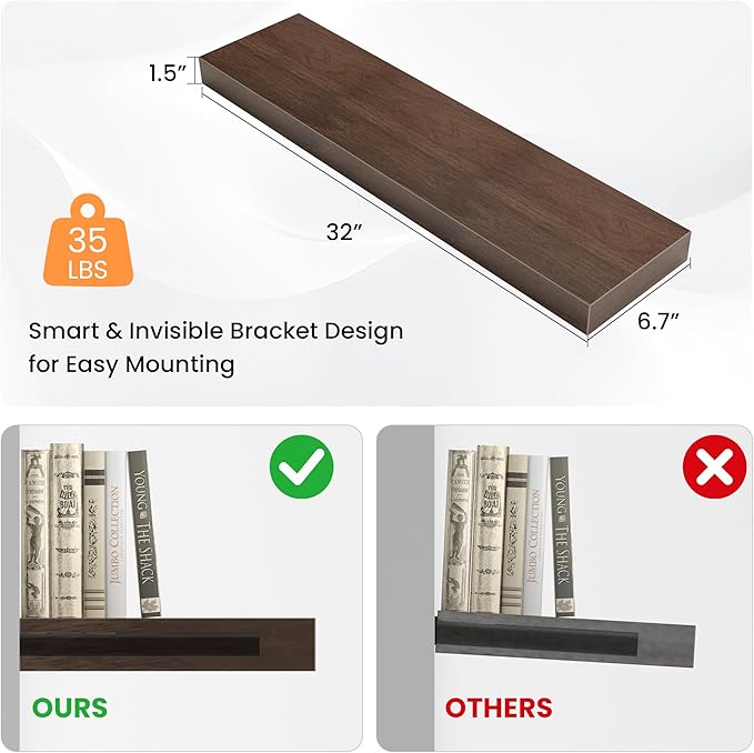Floating Shelves for Wall, 31.5"W x 6.7"D x 1.5"H, Wooden Wall Mounted Display Shelves with Invisible Brackets for Living Room, Bedroom, Bathroom, Kitchen Decor and Storage, Set of 2, Walnut-Ruum Studio Home
