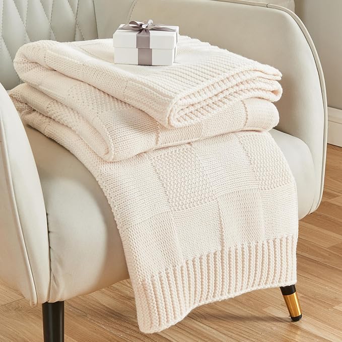 CozeCube Check Knit Throw Blanket, Cream White Checkered Throw for Couch, Decorative Christmas Soft Cozy Warm Knitted Blanket for Bed Sofa Living Room, 60"X80"-Ruum Studio Home