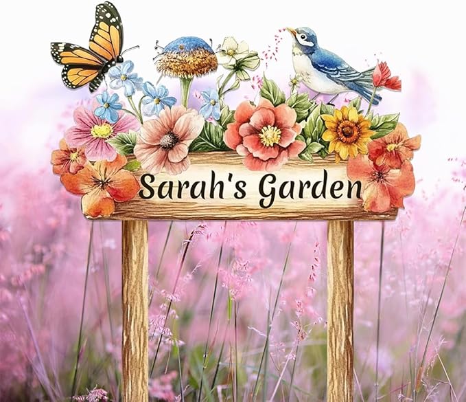 Personalized Colorful Bird Metal Sign with Stake,Custom Gardener Last Name Signs Outdoor Decorate,Customized Garden Accessories Decor for Mom,Butterfly Flowers Plaques for Patio Lawn Porch Backyard-Ruum Studio Home