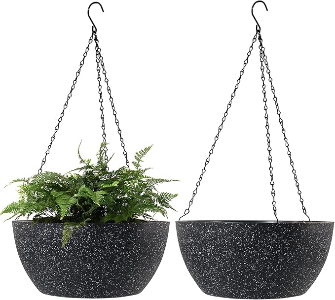 WOUSIWER 13 inch 2Pack Large Hanging Planters for Outdoor Indoor Plants with Drainage Holes and Chain, Round Hanging Flower Pots for Garden Home Porch Decor, Black Speckles-Ruum Studio Home