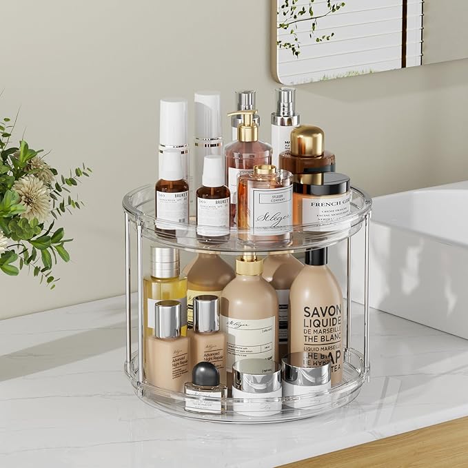 2 Pack 2 Tier Lazy Susan Organizer, 9.25'' Lazy Susan Turntable for Cabinet, Stackable Turntable Organizer Rotating Spice Rack Organization for Kitchen Countertop, Pantry, Bathroom, Clear-Ruum Studio Home
