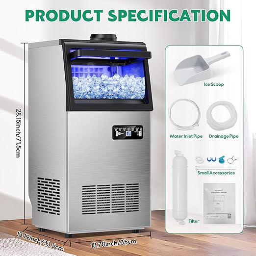 Commercial Ice Maker Machine 130Lbs/24H with 30Lbs Ice Capacity, 45Pcs Clear Ice Cubes Ready in 8-15Mins, Stainless Steel Under Counter Freestanding Large Ice Machine, 2 Water Inlet Modes-Ruum Studio Home