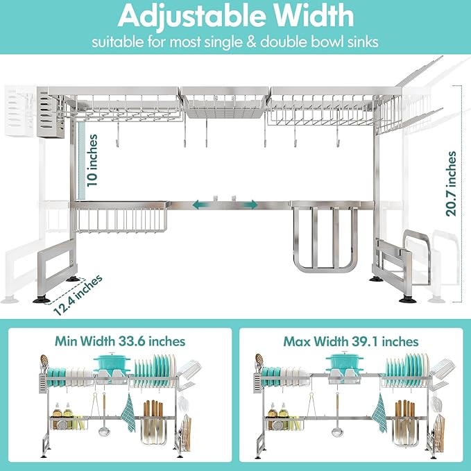MAJALiS Over Sink Dish Drainer Drying Rack, 2 Tier Stainless Steel Dish Rack Over Sink Sink Length Adjustable (33.5-40 in), Expandable Drainer Shelf Rack with Multifunctional Organizers, Sliver-Ruum Studio Home