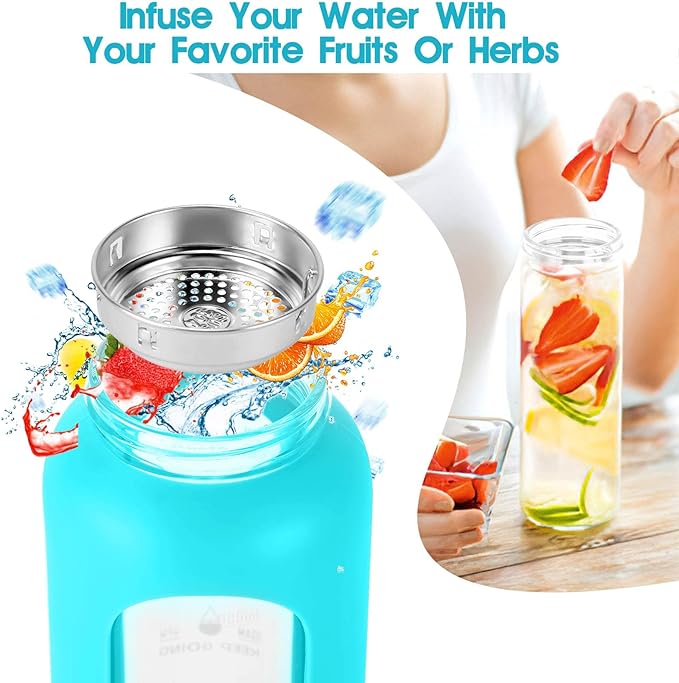 32 oz Glass Water Bottle with Straw - Motivational Time Marker & Silicone Sleeve - Reusable Tumbler Includes 2 Bamboo Lids & Fruit Infuser - 1 Pack-Ruum Studio Home