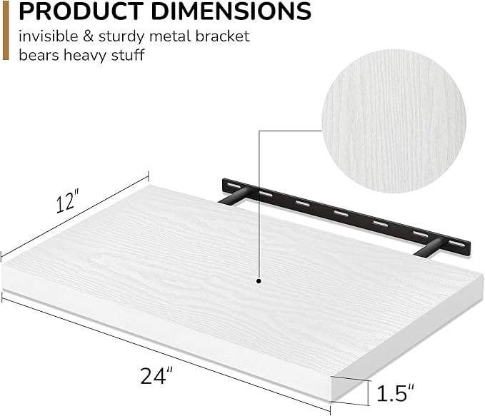Fun Memories Floating Shelves - 2 Pack 12 Inch Deep Rustic Wooden Wall Shelves - Extra Deeper & Thicker Wall Mounted Storage Shelf for Living Room, Kitchen, Farmhouse - 24" W x 12" D x 1.5" H - White-Ruum Studio Home