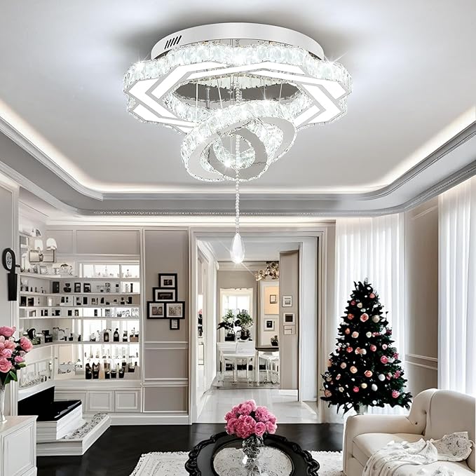 Flashing God Modern Crystal Chandeliers Dia 24" Silver Chandelier Flush Mount Ceiling Light for Bedroom Living Room Dining Room Hallway Dimmable 3 Rings LED Celing Lighting Fixtures-Ruum Studio Home