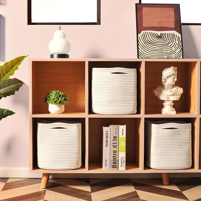 11 Inch Cube Storage Bins, Organizer Bins, Woven Cotton Rope Baskets for Storage, Storage Baskets for Organizing Shelves, White Basket for Toys, Off White (Pack of 3)-Ruum Studio Home