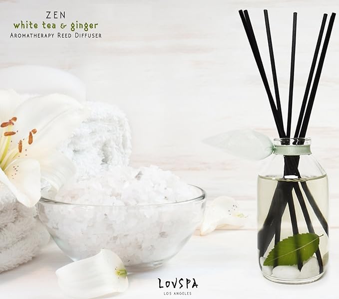 LOVSPA Reed Diffuser Set, Zen White Tea & Ginger Scented Oil Diffuser with Sticks, Home Fragrance Accessories for Bathroom Shelf Decor, Aroma Diffusers for Home or Office Desk, USA Made-Ruum Studio Home