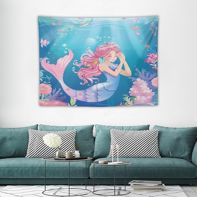 HZOHNAGO Mermaid Girls Tapestry Watercolor Flowers Mermaid Princess Blessing Pattern for Kids Room Decoration Printed Wall Tapestry Wall Hanging for Bedroom Living Room Dorm 40" W x 30" H-Ruum Studio Home