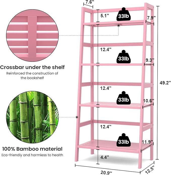 Homykic Bamboo Ladder Bookshelf, 4-Tier Ladder Shelf Open Book Shelf Freestanding Bookcase Bathroom Storage Rack Plant Stand for Living Room, Bedroom, Office, Easy Assembly, Pink-Ruum Studio Home
