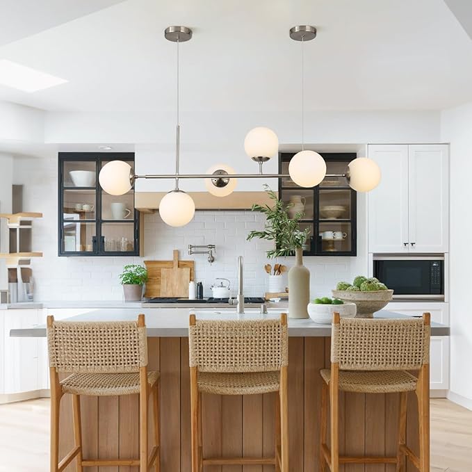 KCO Modern Silver Milk Glass Pendant Light 6 Light Pendant Light Fixture Chandelier Brushed Nickel Chandelier Modern Hanging Linear Light Fixture for Dining Room Kitchen Island-Ruum Studio Home