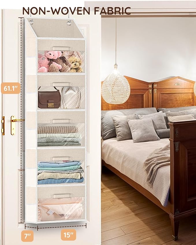 Over the Door Organizer with Drawers, 5 Tier Hanging Storage with Removable Bins & 10 Side Pockets, Over Door Closet Organizer for Baby Items, Yarn, Bed Sheets, Clothes, Toys, Towels – Beige-Ruum Studio Home