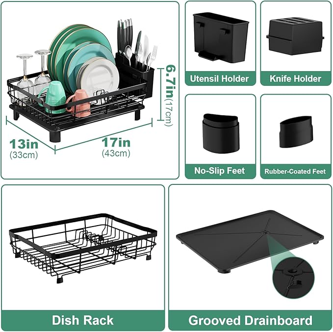 MOUKABAL Dish Drying Rack, Dish Rack, Stainless Steel Dish Racks for Kitchen Counter, Dish Drainer with Removable Utensil Holder, Drainboard (Black)-Ruum Studio Home