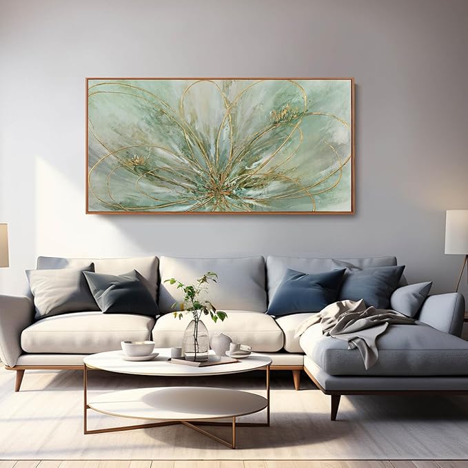 YJYart Green Abstract Canvas Artwork Flowers Wall Decor for Office Line Art Painting 24"x 48" Pictures for Bedroom Dining Room Neutral Wall Art-Ruum Studio Home