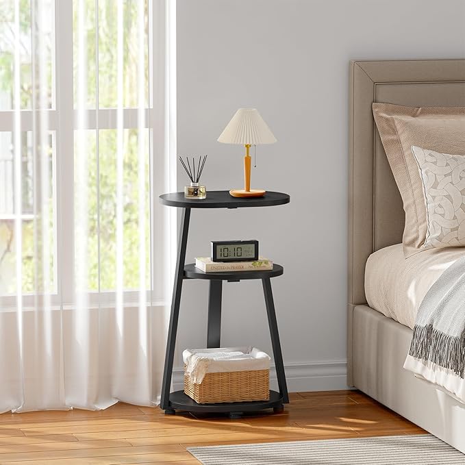 Side Table, Small End Table with Metal Frame, 3-Tier Bedside Tables, Round Side Tables for Living Room Bedroom Couch Bathroom, Oval, Pure Black-Ruum Studio Home