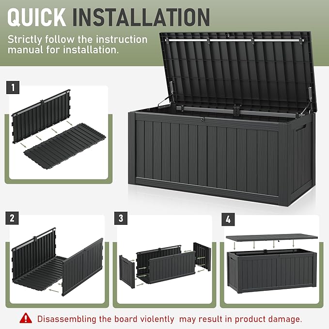 KAMABOKO Outdoor Storage Box, 120 Gallon Large Outdoor Resin Deck Box, Storage Waterproof Boxes Lockable Lid for Garden Tools, Pool Supplies, Patio Furniture and Cushions, Black-Ruum Studio Home