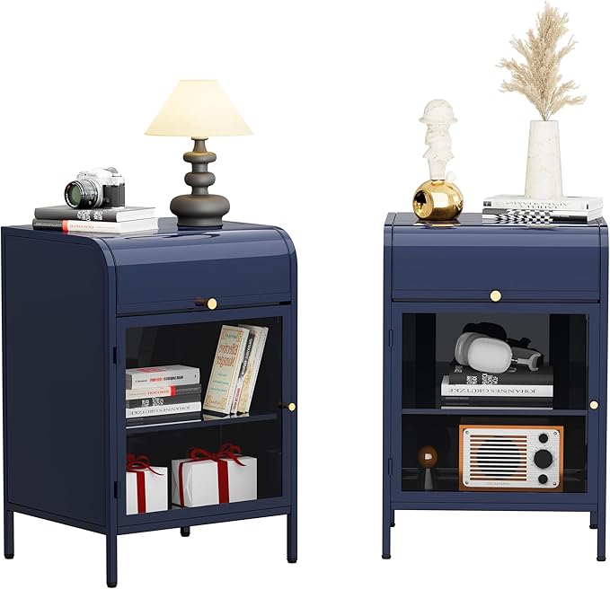 Modern Metal Side Tables Set of 2, End Tables with Glass Door, 2-Tier Nightstands with Storage Shelves, Accent Table, Slim Sofa Table for Living Room, Bedroom (Blue)-Ruum Studio Home