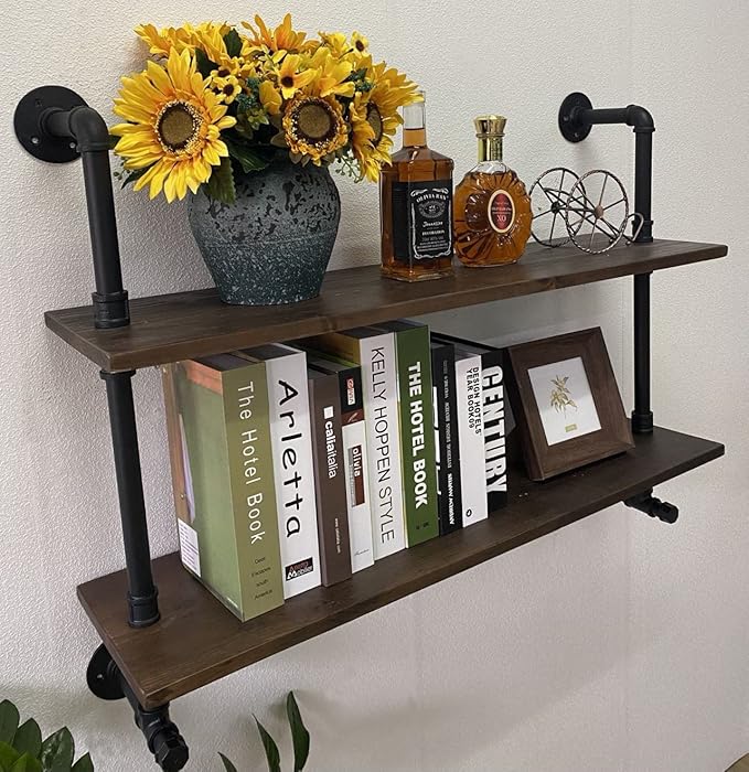 Industrial Pipe Wall Shelves Pipe Shelving with Real Wood Plank ,36 Inches Floating Shelves for Wall Farmhouse Pipe Book Shelves Dark Brown 2 Tier for Kitchen,Living Room Decor and Bar Shelving-Ruum Studio Home