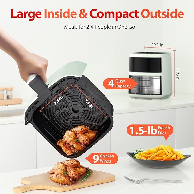 Air Fryer, Beelicious 8-in-1 Smart Compact 4QT Air Fryers, with Viewing Window, Shake Reminder, 450°F Digital Airfryer with Flavor-Lock Tech, Dishwasher-Safe & Nonstick, Fit for 1-3 People, Avo Green-Ruum Studio Home