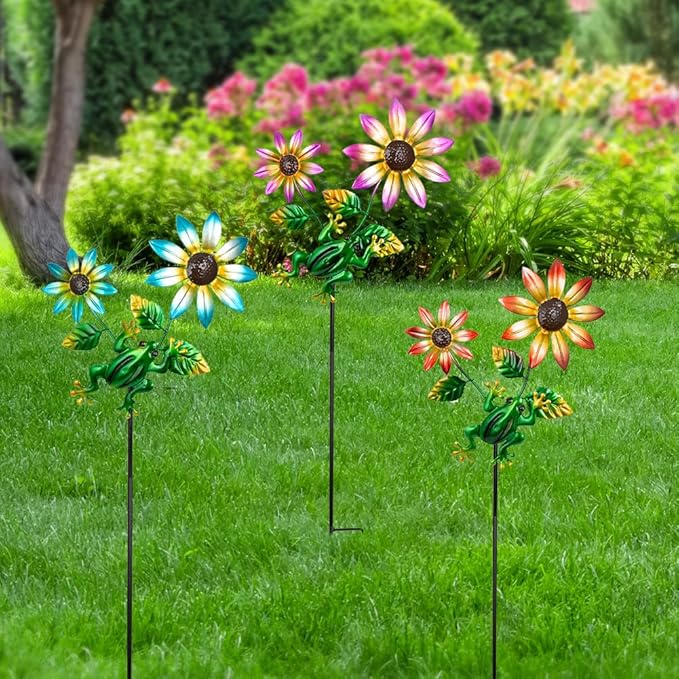 3 Pack Frog＆Flowers Garden Stakes Decor,Metal Yard Art Decorative Garden Stakes,Metal Flowers Spring Outdoor Decor for Mom,Women,Grandma-Ruum Studio Home