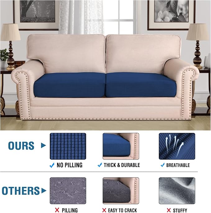 H.VERSAILTEX Super Stretch Individual Seat Cushion Covers - 2 Piece Large Sofa Cushion Covers, Navy, Thick Jacquard Textured Twill Fabric Sets-Ruum Studio Home