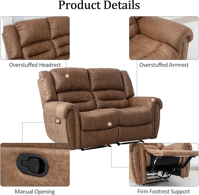 CANMOV Faux Leather Manual Loveseat Recliner, 2 Seat Reclining Chair, Overstuffed Comfortable Arms and Back Recliner Chair, Couch Set for Living Room, Bedroom Furniture, Office,Nut Brown-Ruum Studio Home