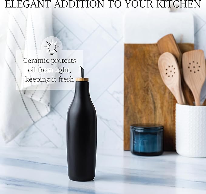 Black Ceramic Olive Oil Dispenser Bottle 16 Oz Container for EVOO or Vinegar, Kitchen Counter Design-Ruum Studio Home
