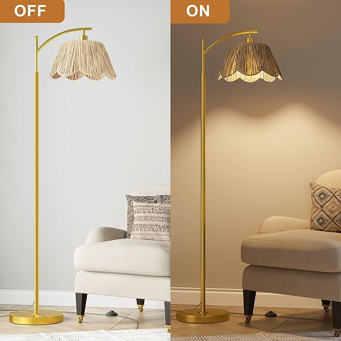 Oneach Boho Floor Lamp with 3 Color Temperatures, Farmhouse Floor Lamps for Living Room with Remote & Dimmable Bulb, Rattan Floor Lamp for Bedroom, Gold-Ruum Studio Home