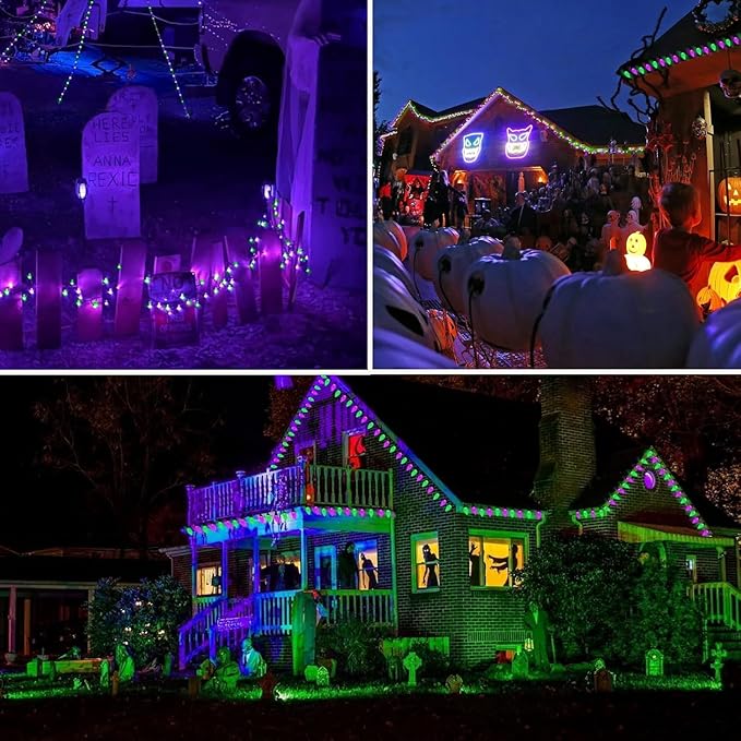 Extendable Purple and Green 2PK 100 LED C9 Halloween Lights Indoor Outdoor Waterproof, 98FT Super Bright C9 String Lights 13 Modes with Timer for Tree Patio Party Garden Halloween Decorations-Ruum Studio Home