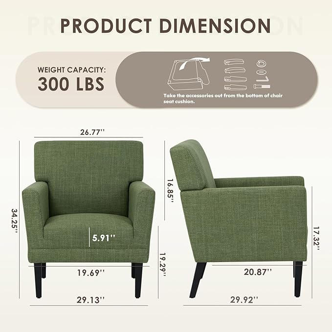 COLAMY Modern Accent Chair for Living Room, Upholstered Fabric Accent Armchair with Back, Soft Single Sofa Chair with Arms for Bedroom/Office/Reception Room, Green-Ruum Studio Home