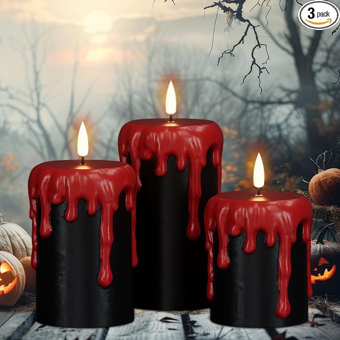 Wondise Halloween Flameless Candles with 6H Timer, Battery Operated Dripping Real Wax Black LED Pillar Candles 3D Wick Flickering Spooky Halloween Indoor Decoration (3 Pack, 3 x 4,5,6 Inches)-Ruum Studio Home