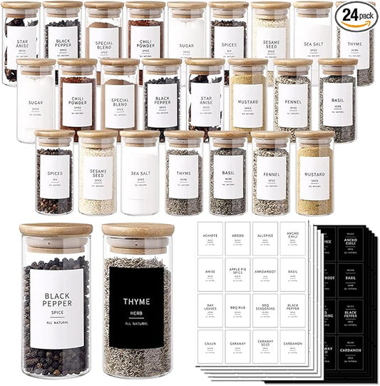 24 Pcs Glass Jars With 296 Spice Labels Preprinted of White and Black Color- 4oz Thicken(2.4mm) Empty Small Herb Seasoning Containers With Bamboo Airtight Lids-Ruum Studio Home