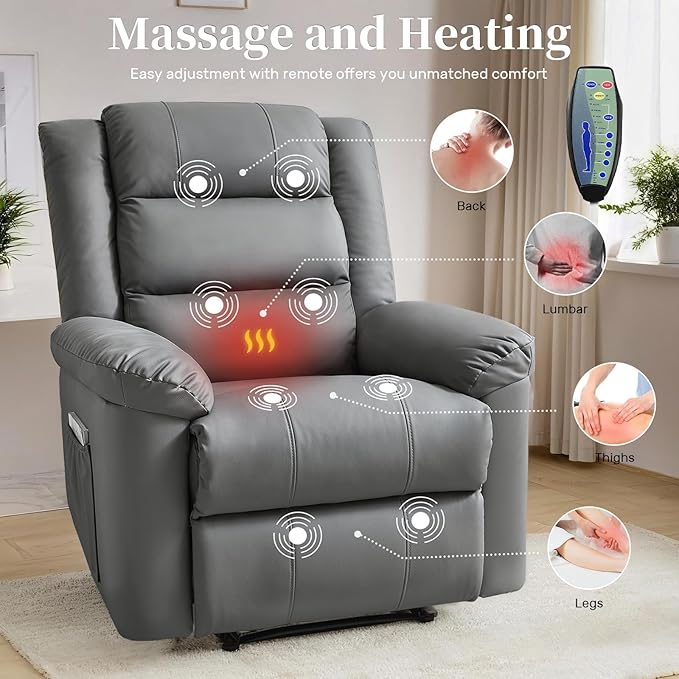 Recliner Chair with Massage & Heat, 8 Vibration Points, 5 Modes, 115-165° Reclining, Manual Recliner for Adults, Timer & Intensity Control, Faux Leather Massage Chair with Side Pocket for Living Room-Ruum Studio Home