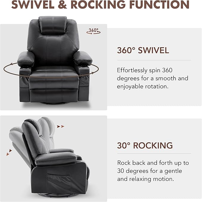 Swivel Rocker Recliner Chair with Heat and Massage, 360 Degree Swivel Rocking Single Sofa with Cup Holders and USB Port, Large Big Recliner Chair for Living Room (Leather, Black)-Ruum Studio Home