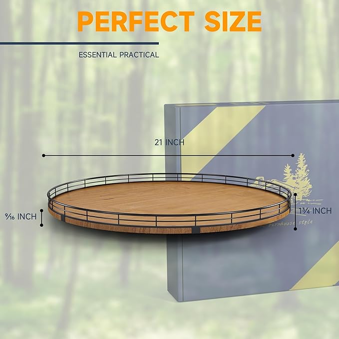 Farmhouse Oak 21" Lazy Susan Turntable Organizer for Cabinet, Round Wooden Lazy Susan Organization and Storage for Dining Table, Pantry, Kitchen, Countertop, Cupboard,Home Decor, Walnut (21)-Ruum Studio Home