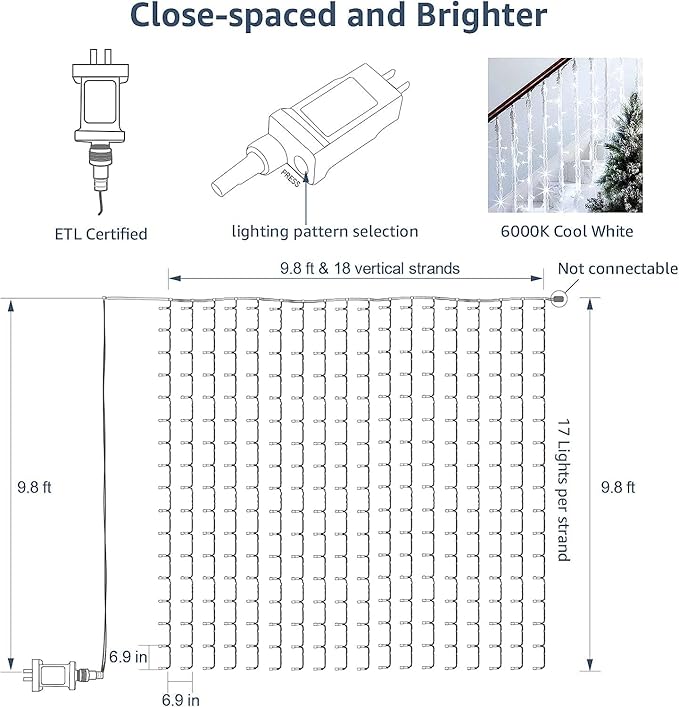 Lighting EVER Curtain Lights Cool White, 306 LED Plug in Hanging Fairy String Light for Bedroom Wall, Indoor Outdoor Backdrop Lighting for Wedding Party Patio (10x10ft, 18 Strings 6.9" Apart)-Ruum Studio Home