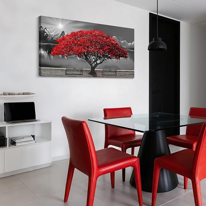 Black and White Red Tree Wall Art Canvas Print Picture Large Red Tree Landscape Modern Artwork for Living Room Bedroom Office Home Wall Decoration Decor With Frame 20x40in-Ruum Studio Home