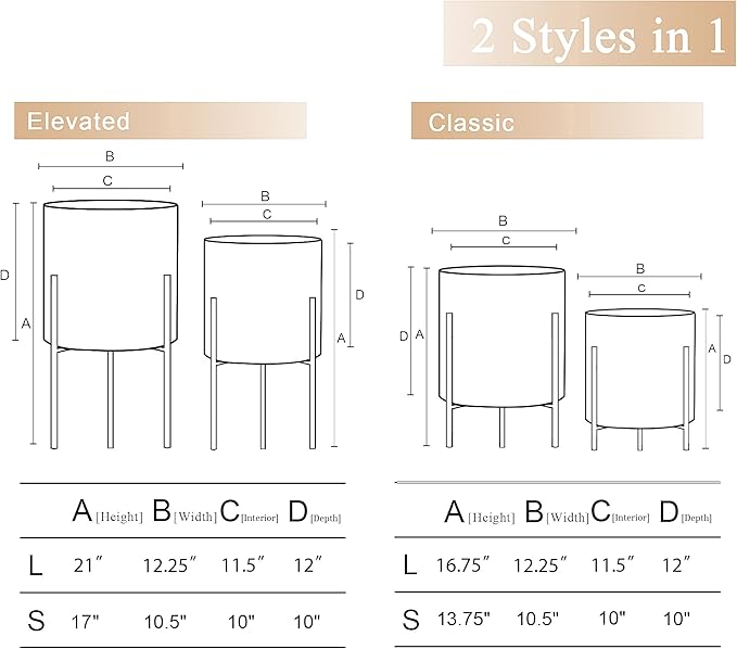 ARNIS Plants Pots with Stand,Set of 2 Flower Pots, Unique Mid Century Decorative Metal Flower Pots with Drainage,10.5&12.25 Inch, Grey and White-Ruum Studio Home