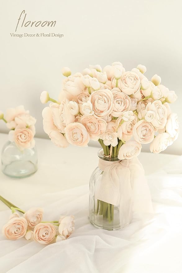 Floroom Ranunculus Artificial Flowers 18 Pcs Champagne Faux Silk Mini Ranunculus Bulk Fake Wedding Filler Flowers for DIY Cream Bouquets, Centerpieces, Bridal Shower Decorations & Arrangements-Ruum Studio Home