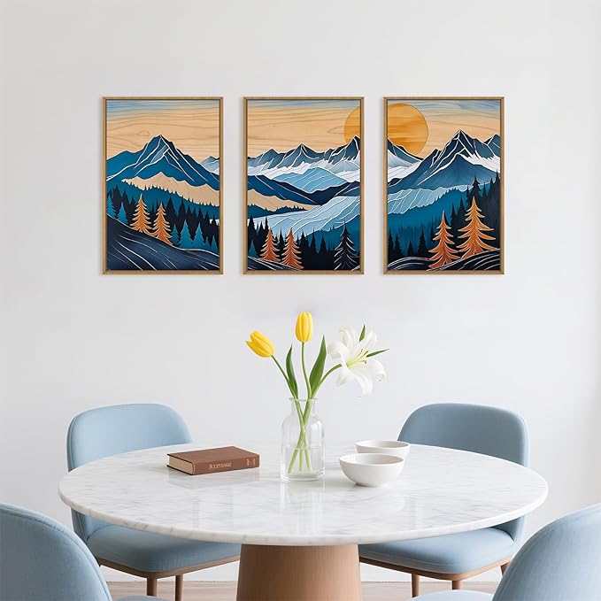 Celestdeco Blue Woodcut Mountain Framed Canvas Wall Art Set, Boho Abstract Ridge Wall Decor, Pine Tree Landscape Wall Painting, Sunrise Forest Art Print for Living Room, Bedroom, Office - 24"X36"X3-Ruum Studio Home
