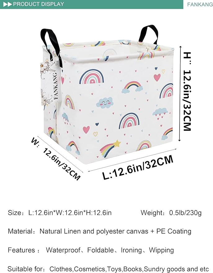 FANKANG Square Nursery Hamper Storage Bins Canvas Laundry Basket Foldable with Waterproof PE Coating Storage Baskets Gift Baskets for Children, Office, Bedroom, Clothes（Square-Love Rainbow ）-Ruum Studio Home