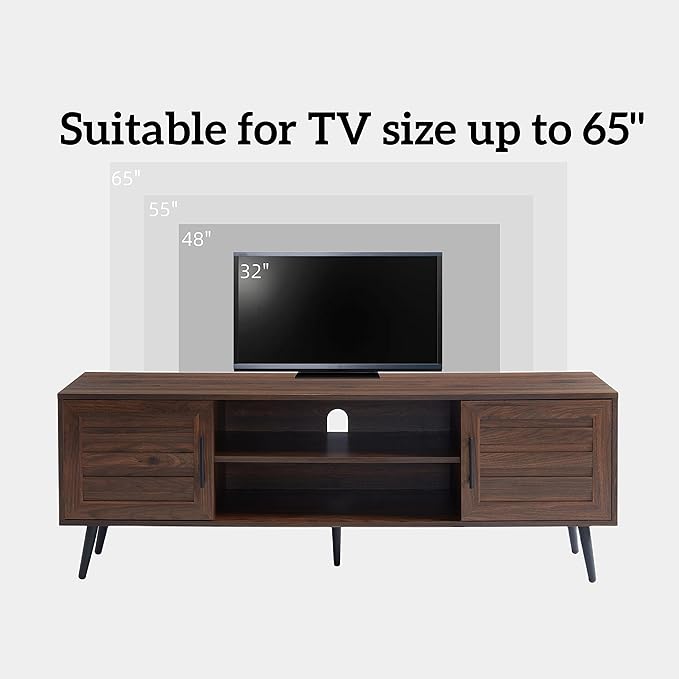 Mid Century Wooden TV Stand Entertainment Console with Open Shelving and 2 Cabinets for Televisions up to 65 Inches(Dark Walnut)-Ruum Studio Home